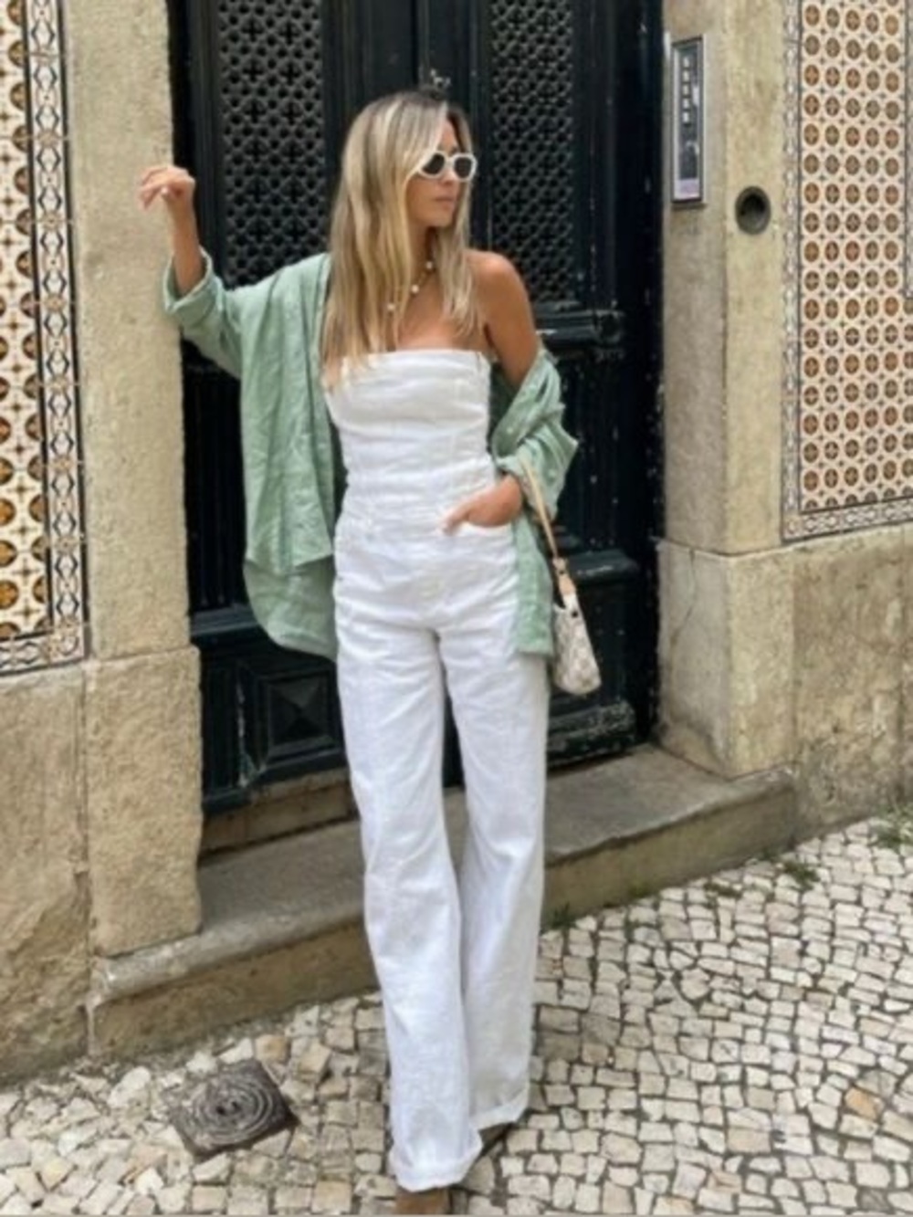 ZARA White Strapless Wide-Leg Cargo Jumpsuit
